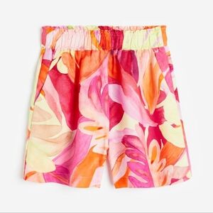H&M Linen Blend Pull-On Shorts High Waist Pockets Pink Orange Leaf-Patterned- L